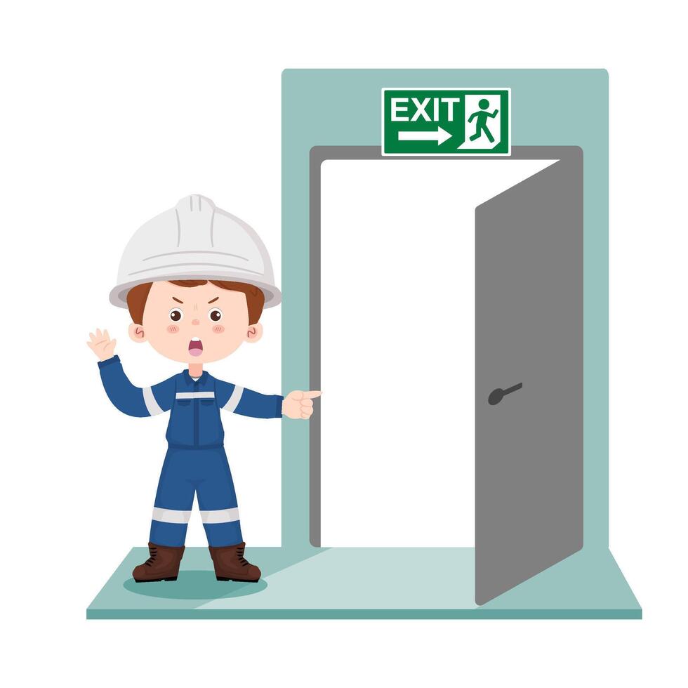 Cartoon engineer showing emergency exit door with green safety sign. Evacuation and workplace safety concept. vector