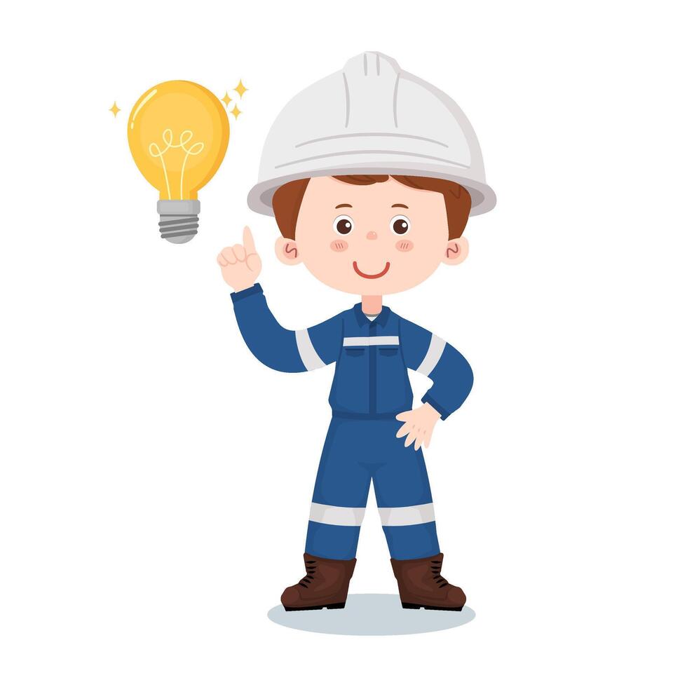 Cartoon industrial engineer smiling and pointing up with light bulb for new idea or innovation concept. vector