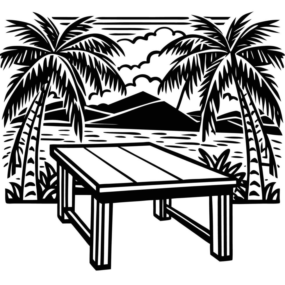 Wooden Table Overlooking a Tropical Paradise with Verdant Greenery vector