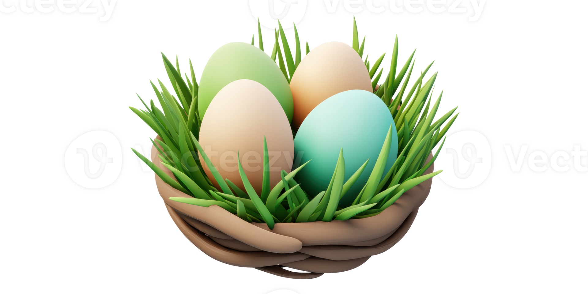 Colored easter eggs in nest with grass isolated on transparent background png