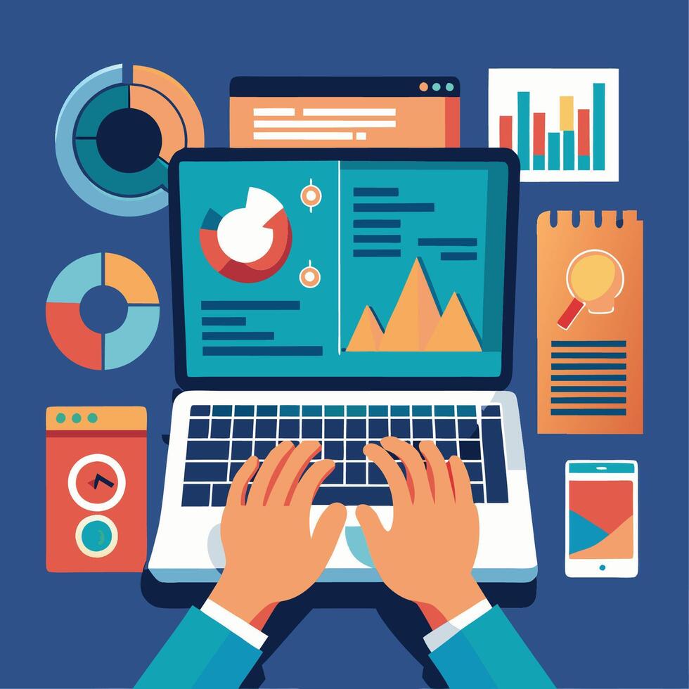 Close Up of Focused Hands Using a Laptop Computer with a Display Screen vector