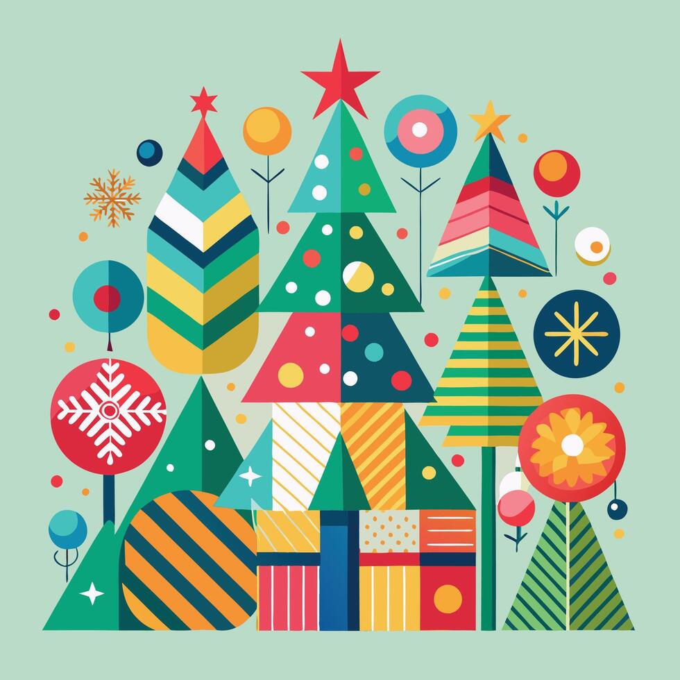 Ethereal Winter Landscape with Abstract Christmas Trees in Vibrant Hues vector