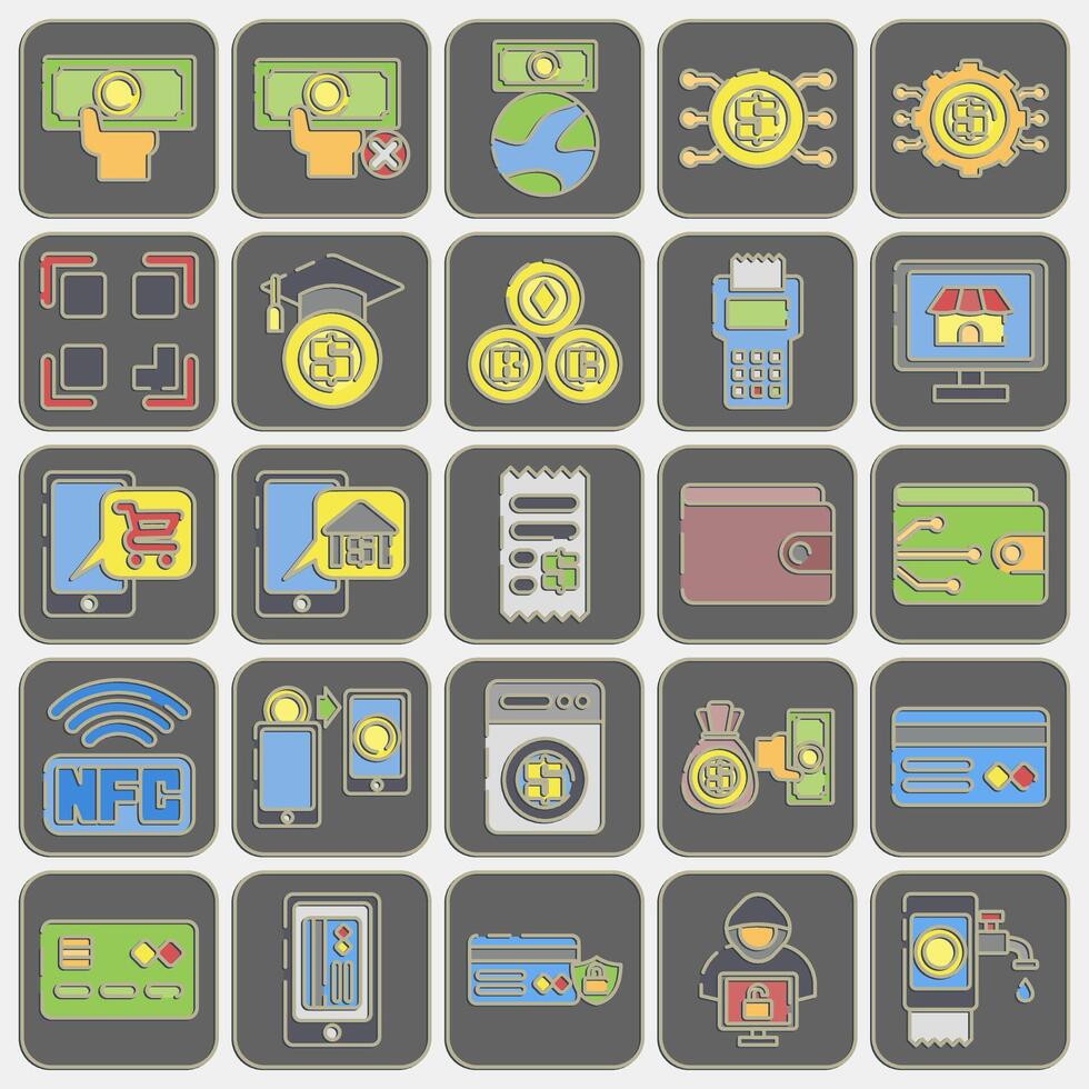 Icon set of cashless society. Cashless society elements. Icon in embossed style. vector