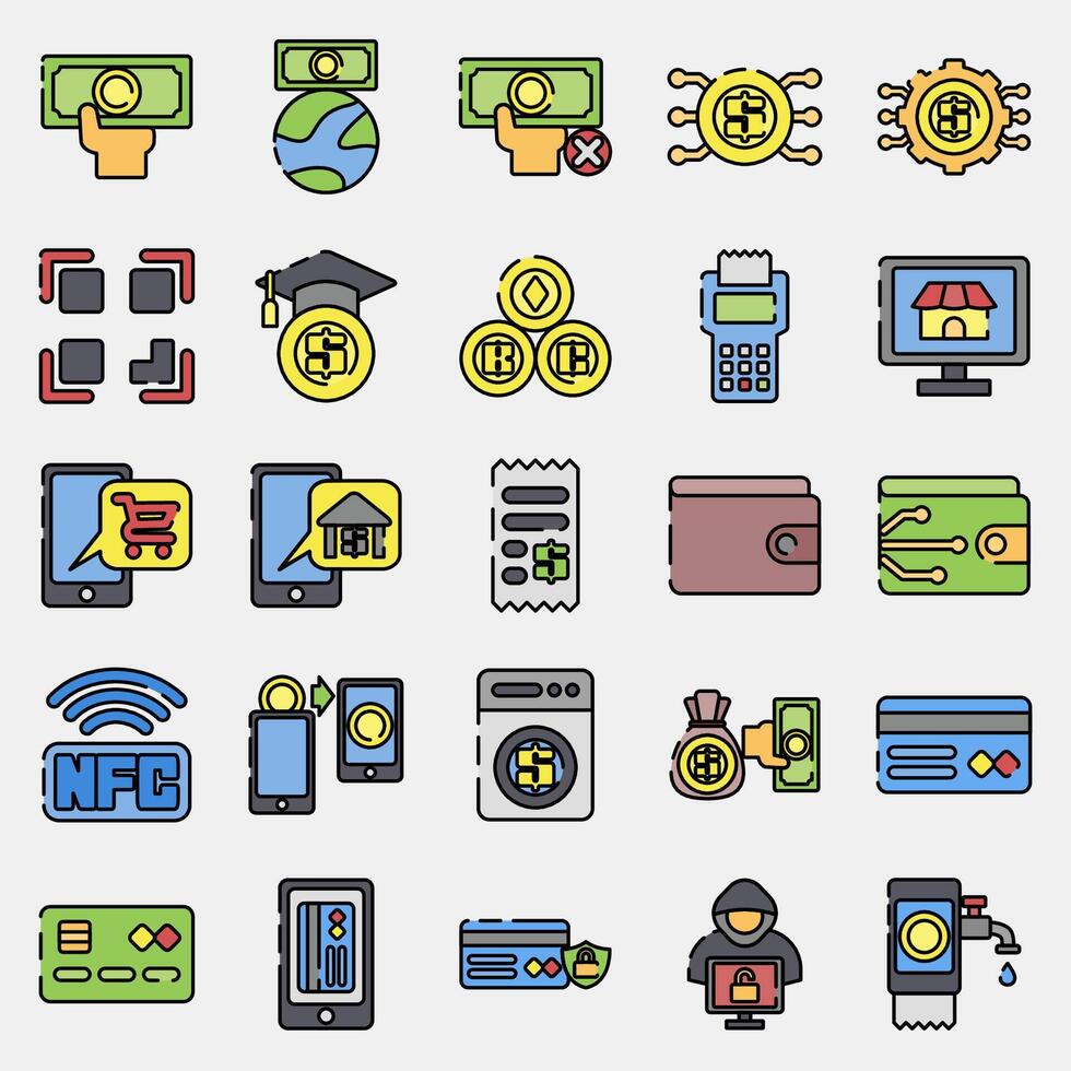 Icon set of cashless society. Cashless society elements. Icon in filled line style. vector