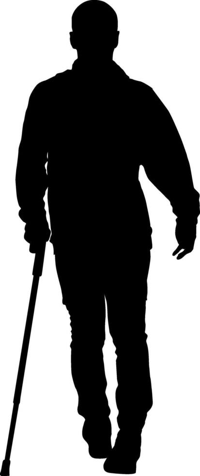 Man disabled walking with cane crutch isolated silhouette vector