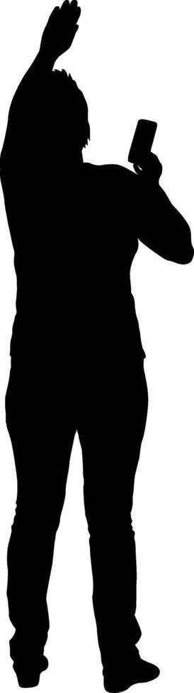 Young woman with hands up isolated silhouette front view vector