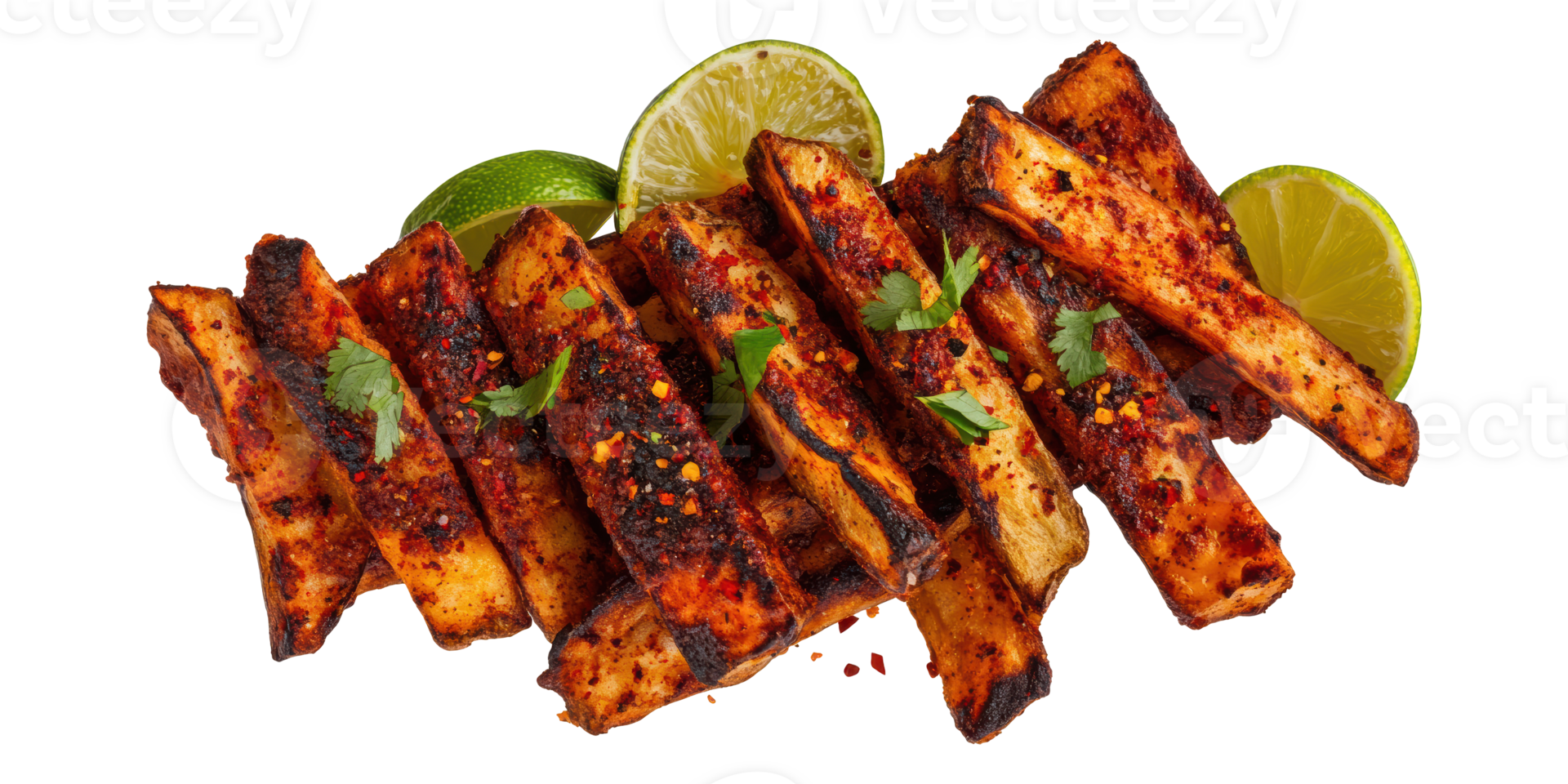 Spicy grilled potato wedges with lime garnish isolated on transparent background png