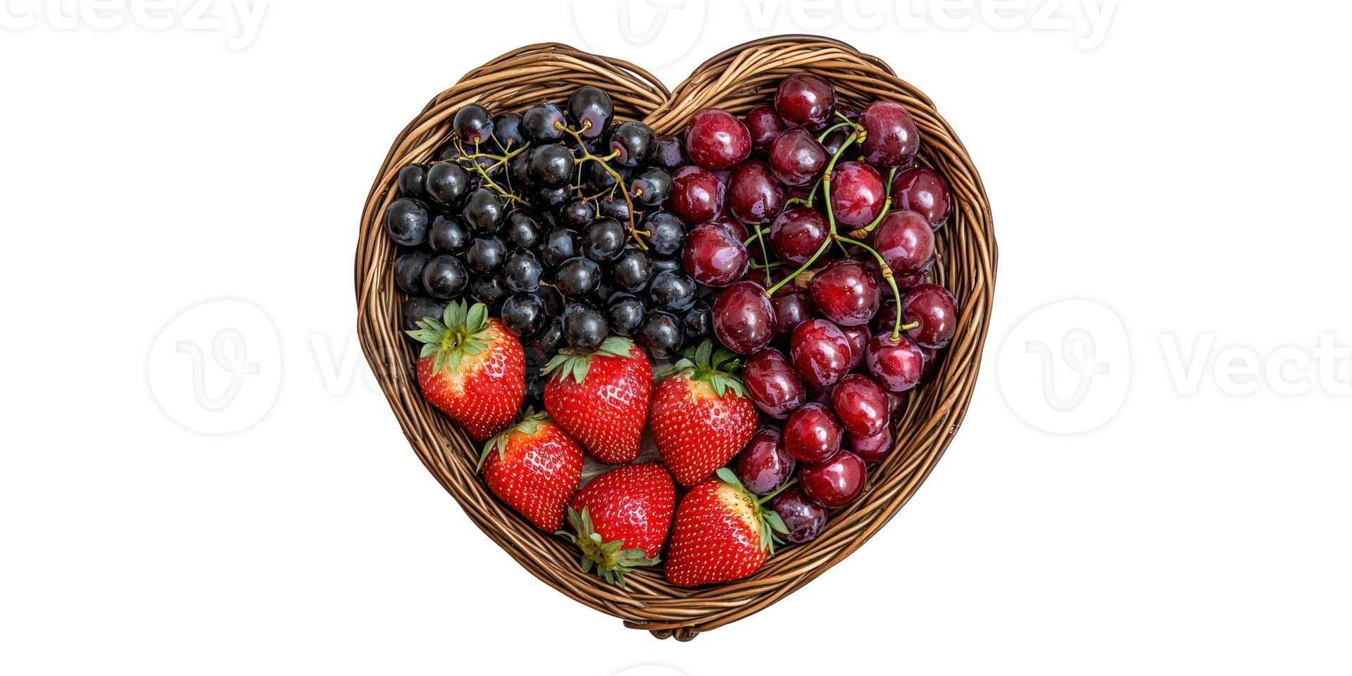 Heart-shaped basket with strawberries grapes and cherries isolated on transparent background png