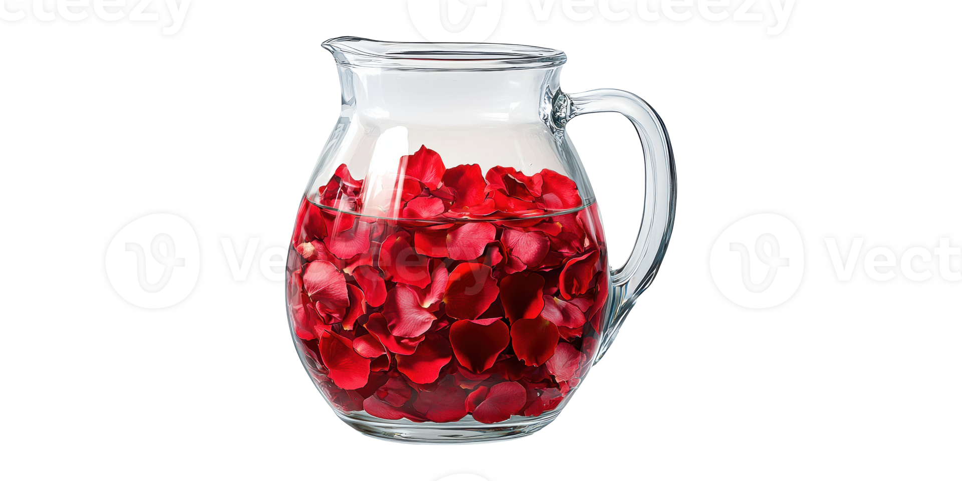 Glass pitcher filled with red rose petals isolated on transparent background png