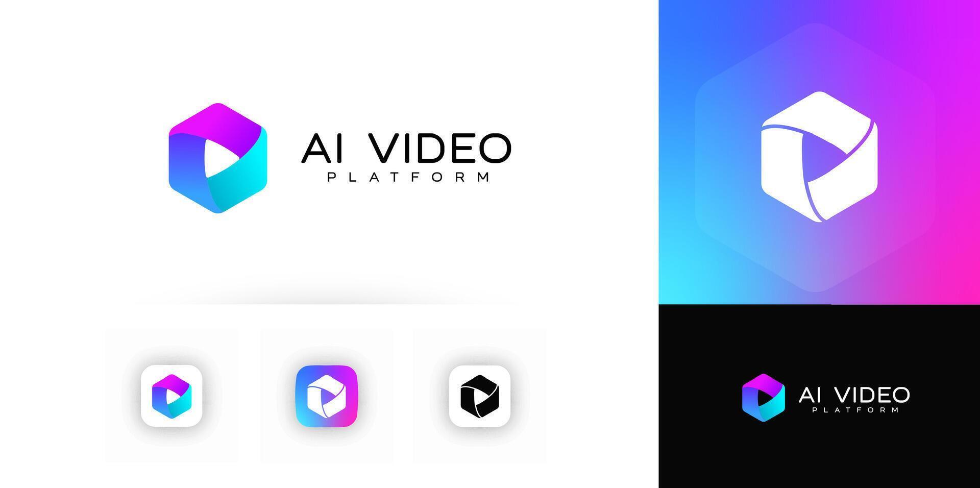 AI Platform Logo With Gradient Play Symbol In 3D Hexagon Shape, Futuristic Design For Tech And Media Brands. logotype vector