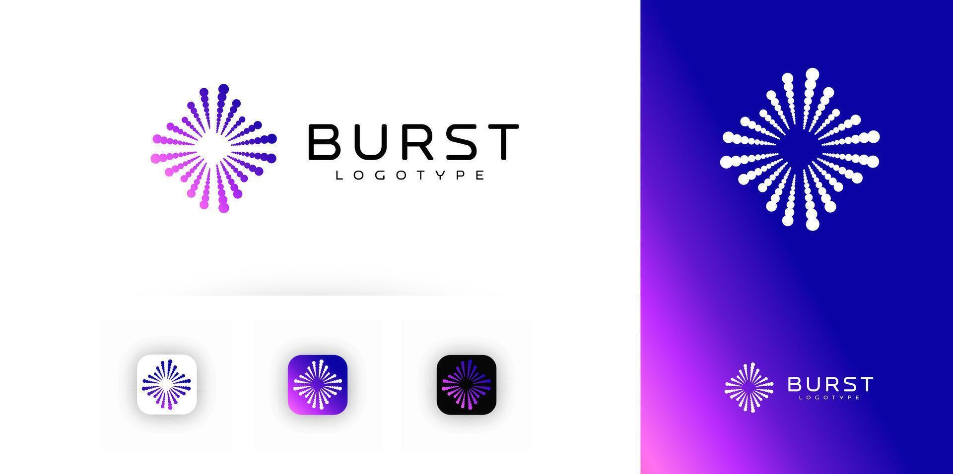 Burst logo with radial dotted explosion. Abstract vibrant symbol for tech, festival, audio, visual media, fireworks or creative app branding. Dynamic gradient illustration. vector