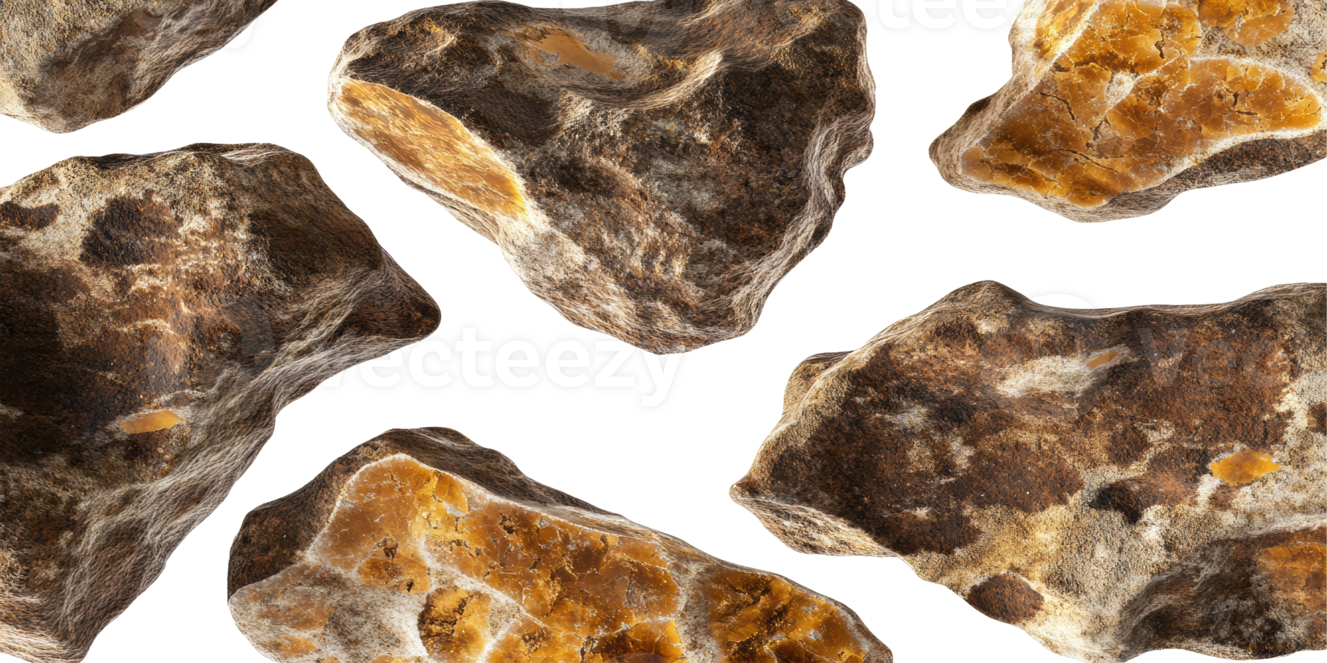 Collection of varied brown natural rocks isolated on transparent background png