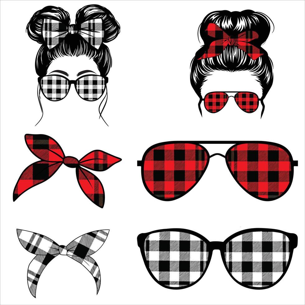 Buffalo Plaid Mom Messy Bun Illustration With Hairband Clipart for Trendy Mama Design Bundle vector