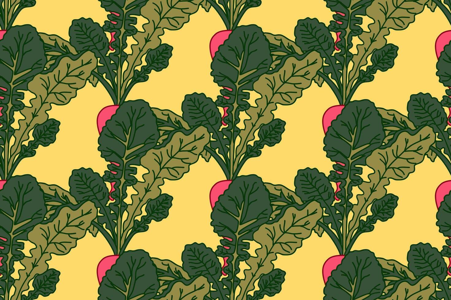 Botanical abstract seamless pattern with beets illustration. Colorful repeating cartoon green vegetables pattern in yellow color background. Graphic design for Fashion Cover Textile Birthday vector