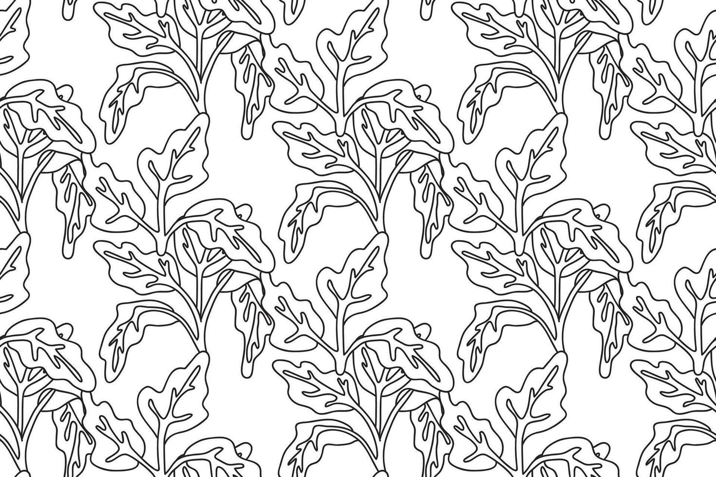 Line art floral seamless pattern with leaves illustration. Hand drawn outline repeating foliage in white background. Graphic design for Cover Coloring Book Textile Fashion Print Card vector
