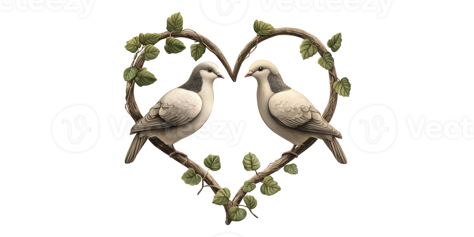 Two doves perched on heart-shaped branch isolated on transparent background png