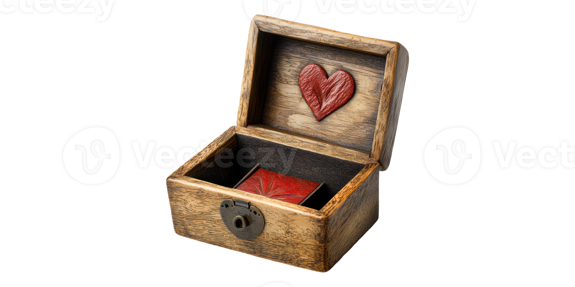 Rustic wooden box with carved heart design isolated on transparent background png