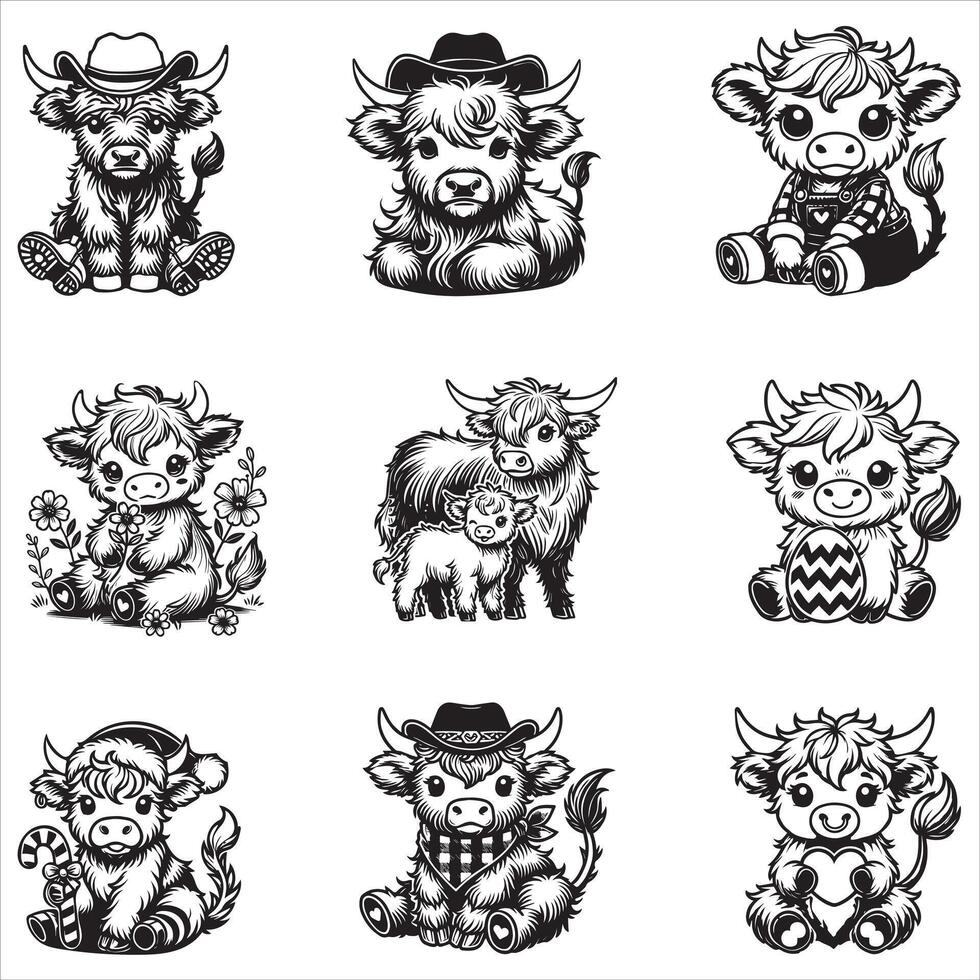 baby highland cow illustration, cute baby highland cattle design sublimation, cute cow clipart collection vector