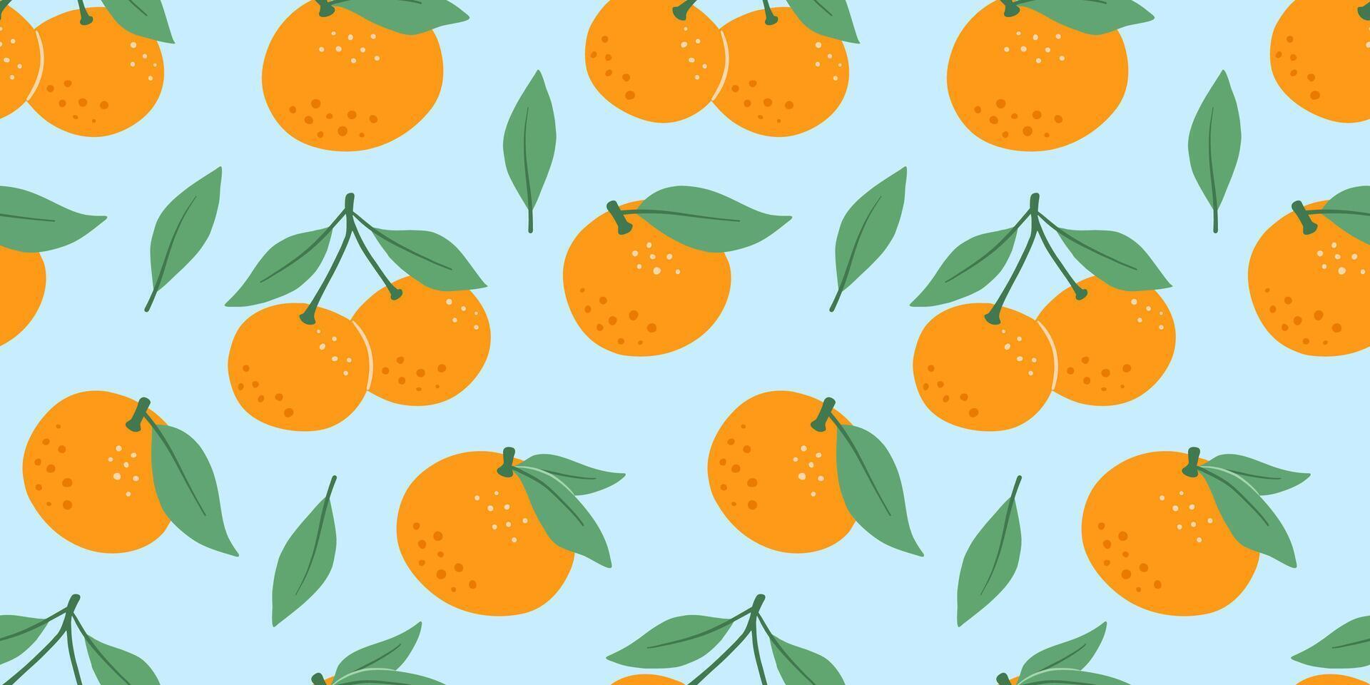 Seamless pattern with hand drawn mandarin with leaves, tangerine fruits on blue background. isolated illustrations of flat citrus. vector