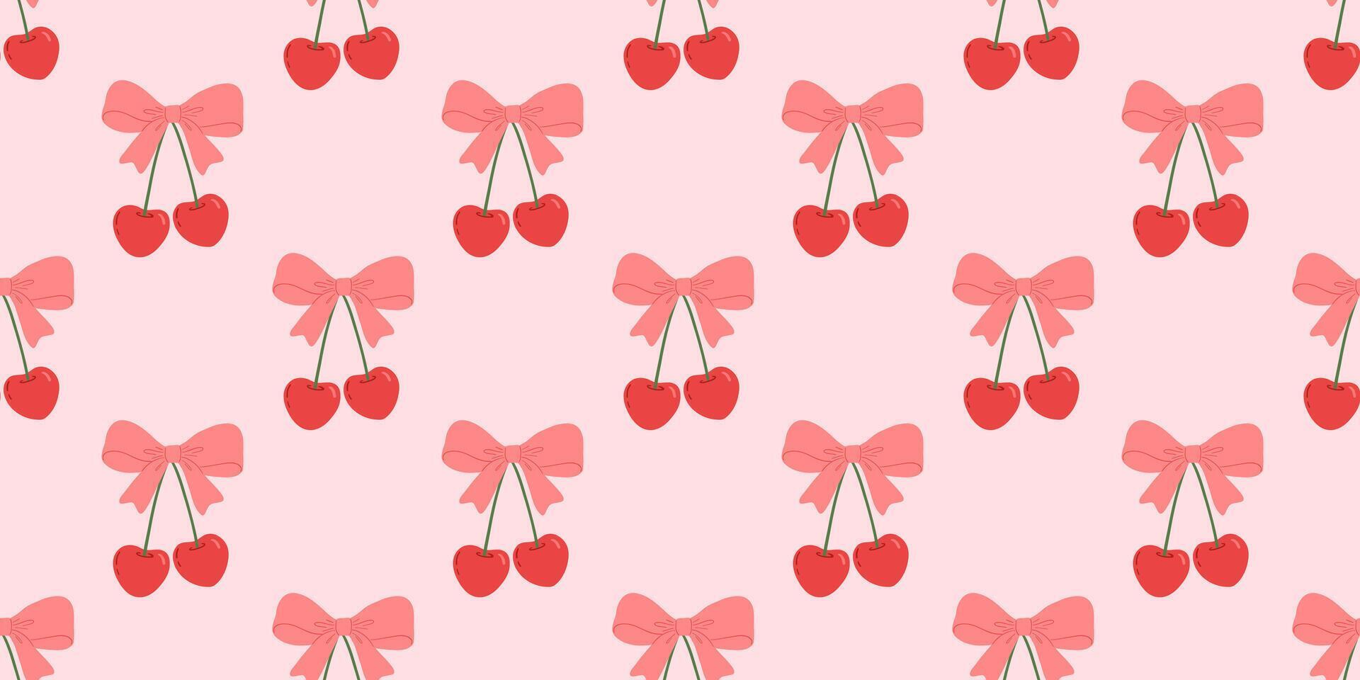 Seamless pattern with coquette bow and cherry on pink background, flat drawings, backdrop vector
