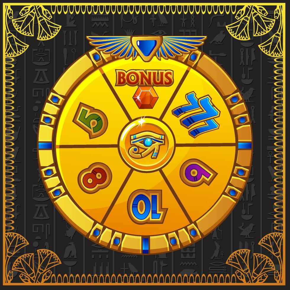 Wheel of fortune in Egyptian style for UI game, Slots and casino screen. Icons on separate layers Egyptian treasure. Spinning and winning award or BONUS. vector