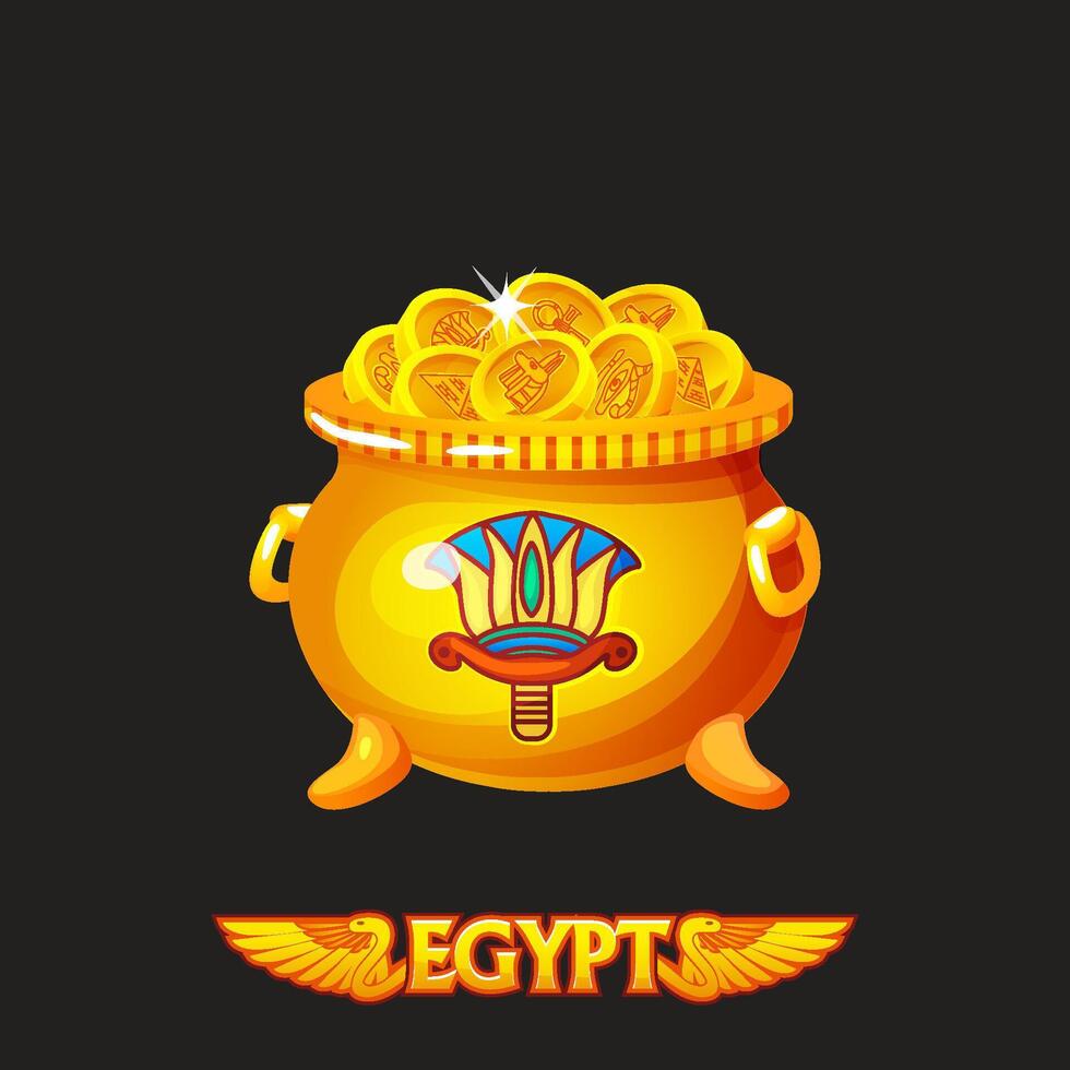 Gold pot full of gold coins in Egyptian style. Isolated Egyptian cauldron with lotus symbol. Golden coins with Egyptian symbols vector