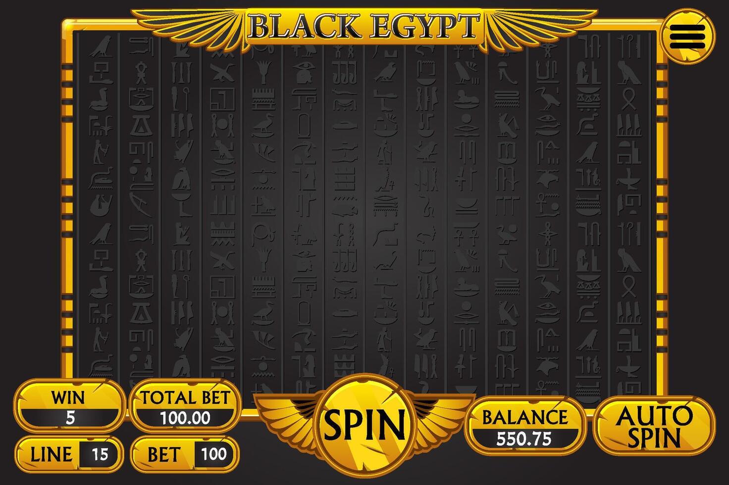 Egypt golden-black slot UI. Slots menu with standard buttons for game development in golden-black colors. Casino slots gameplay main screen vector