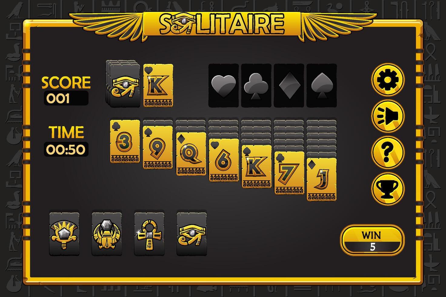 Solitaire game UI in Egyptian golden-black style. Background and buttons for game assets. Egyptian game frame vector