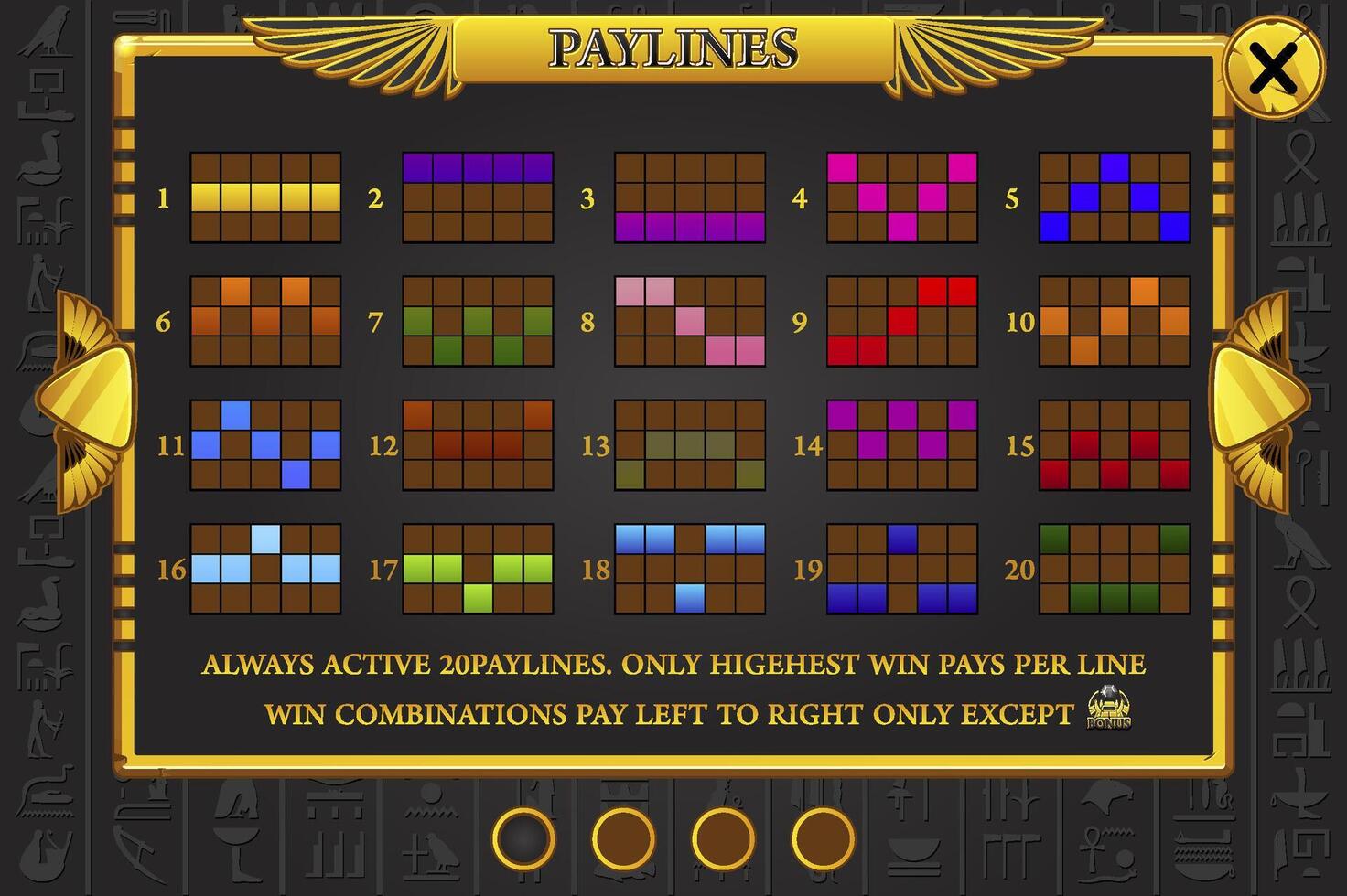 Info screen for slot game. PAYLINES game screen Golden-Black Egyptian slot for game development vector