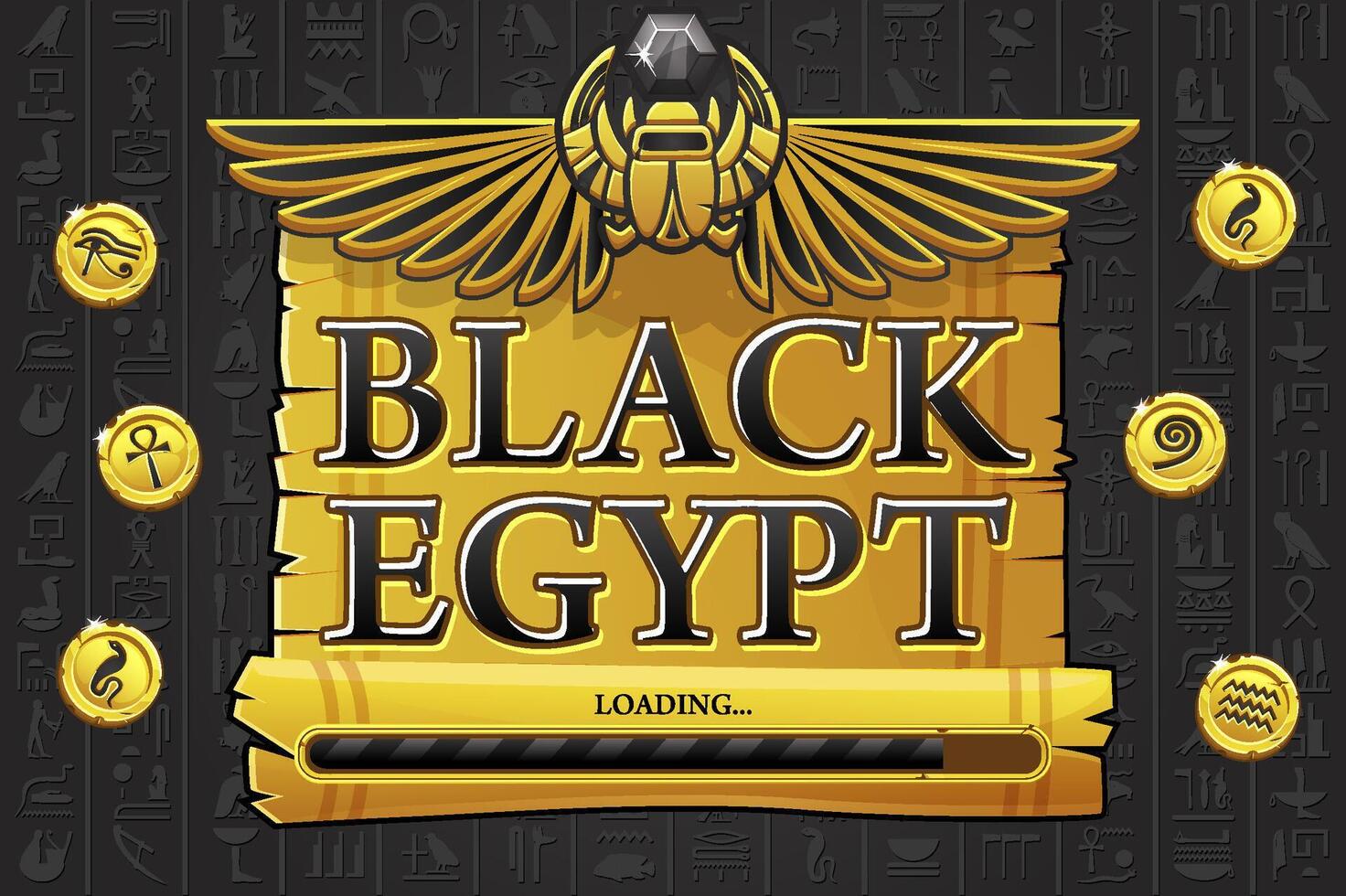 Game screensaver or Loading Game screen with logo BLACK EGYPT, golden scroll and Egyptian scarab. Game banner for slots or game development. vector