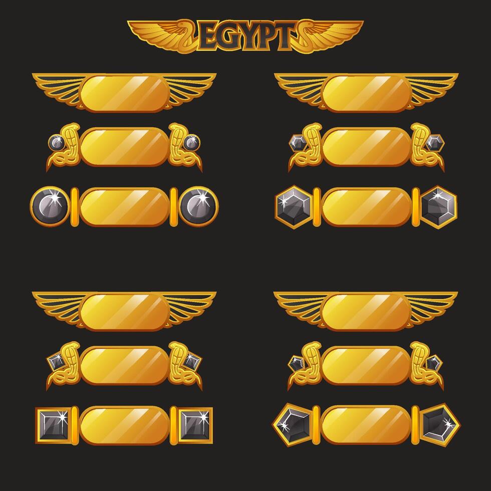 Egyptian game ui icon of border or buttons with wings. Cartoon set of treasure ancient. Egypt frame asset made of gold-black with gem stones for game development. vector