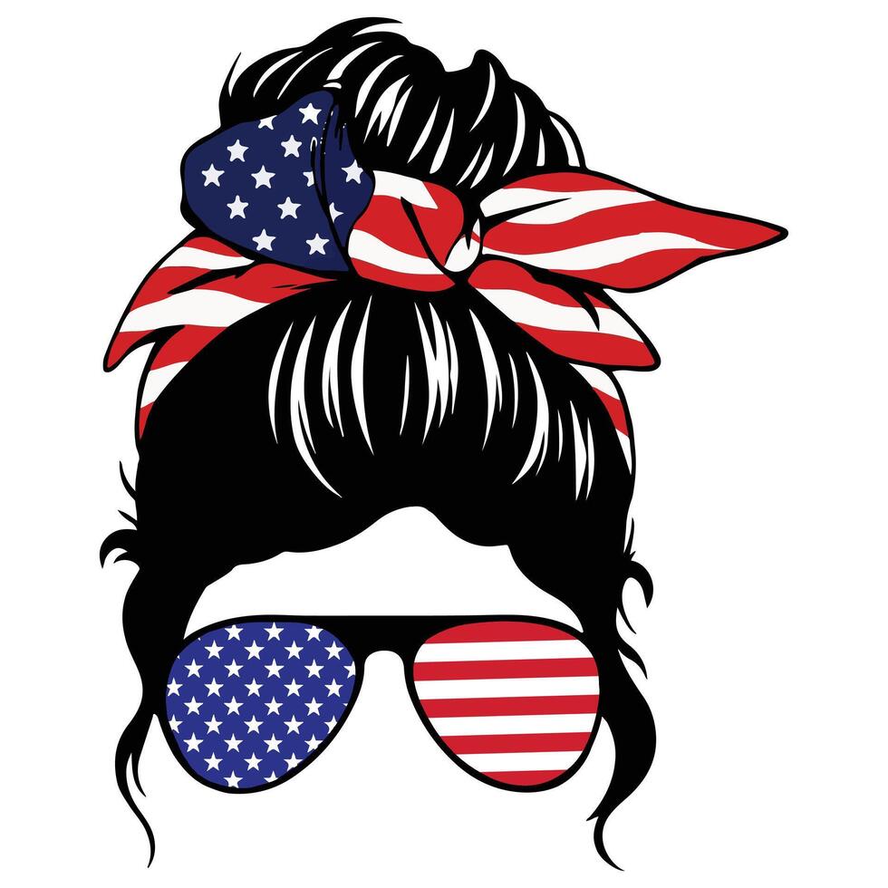 Stylish Messy Bun Design for Women with USA Flag Hairband Perfect for Proud Moms vector