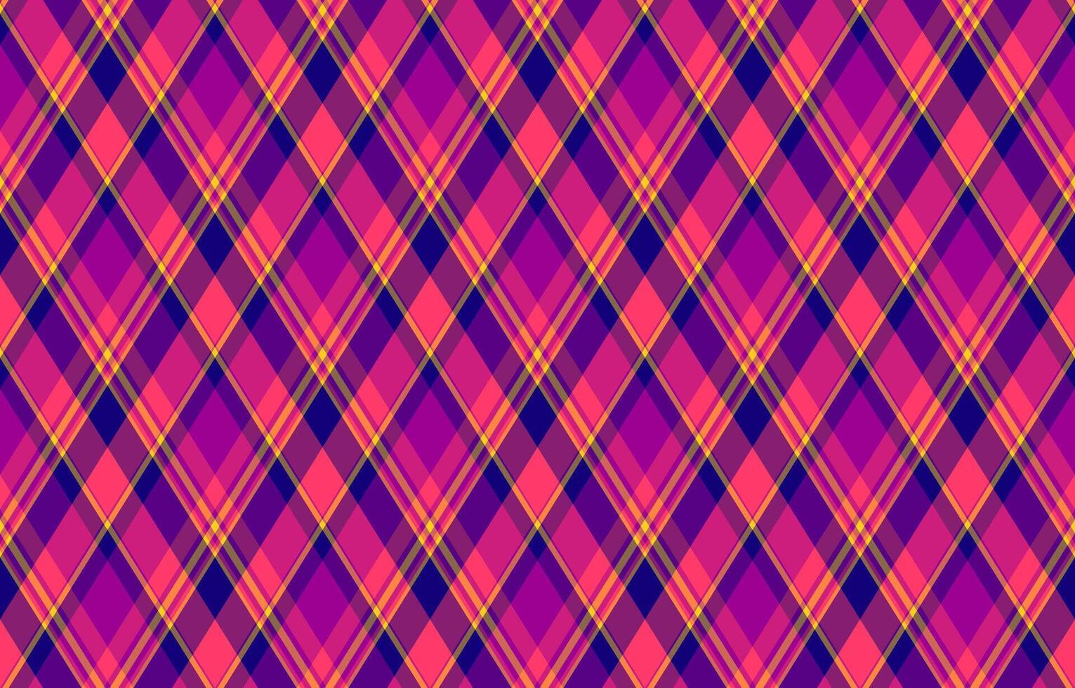 Vibrant diagonal plaid pattern in bold pink, purple, and gold hues. Perfect for textile designs, website backgrounds, or fashion projects. This geometric textile evokes energy and style. vector