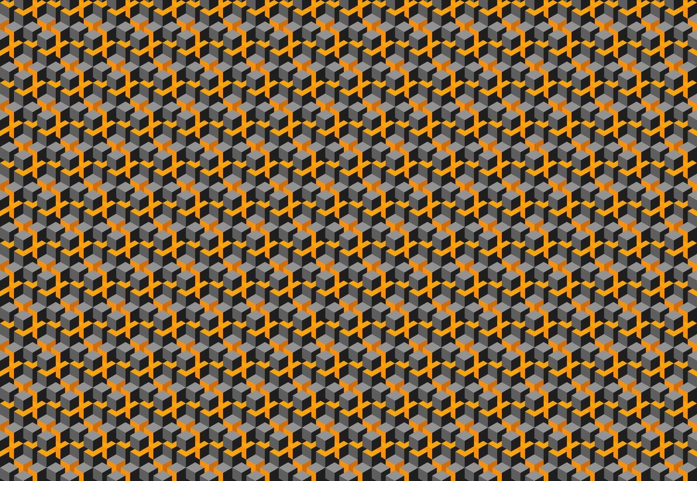 Intricate geometric pattern featuring a repeating design of gray and orange cubes, creating a dynamic, visually engaging texture. vector