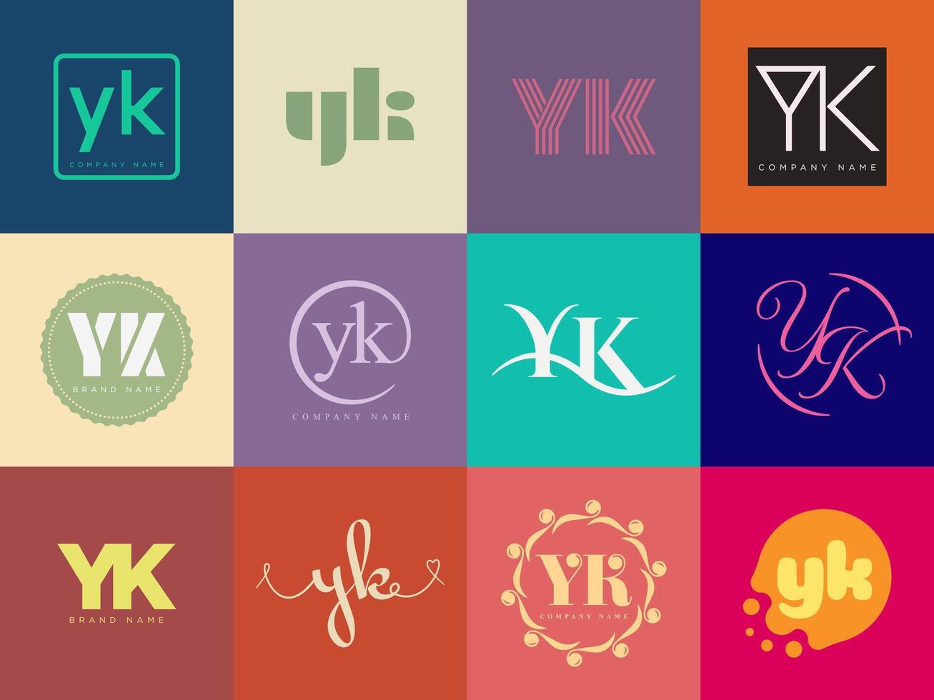 YK logo company . Letter y and k logotype. Set different classic serif lettering and modern bold text with design elements. Initial font typography. vector