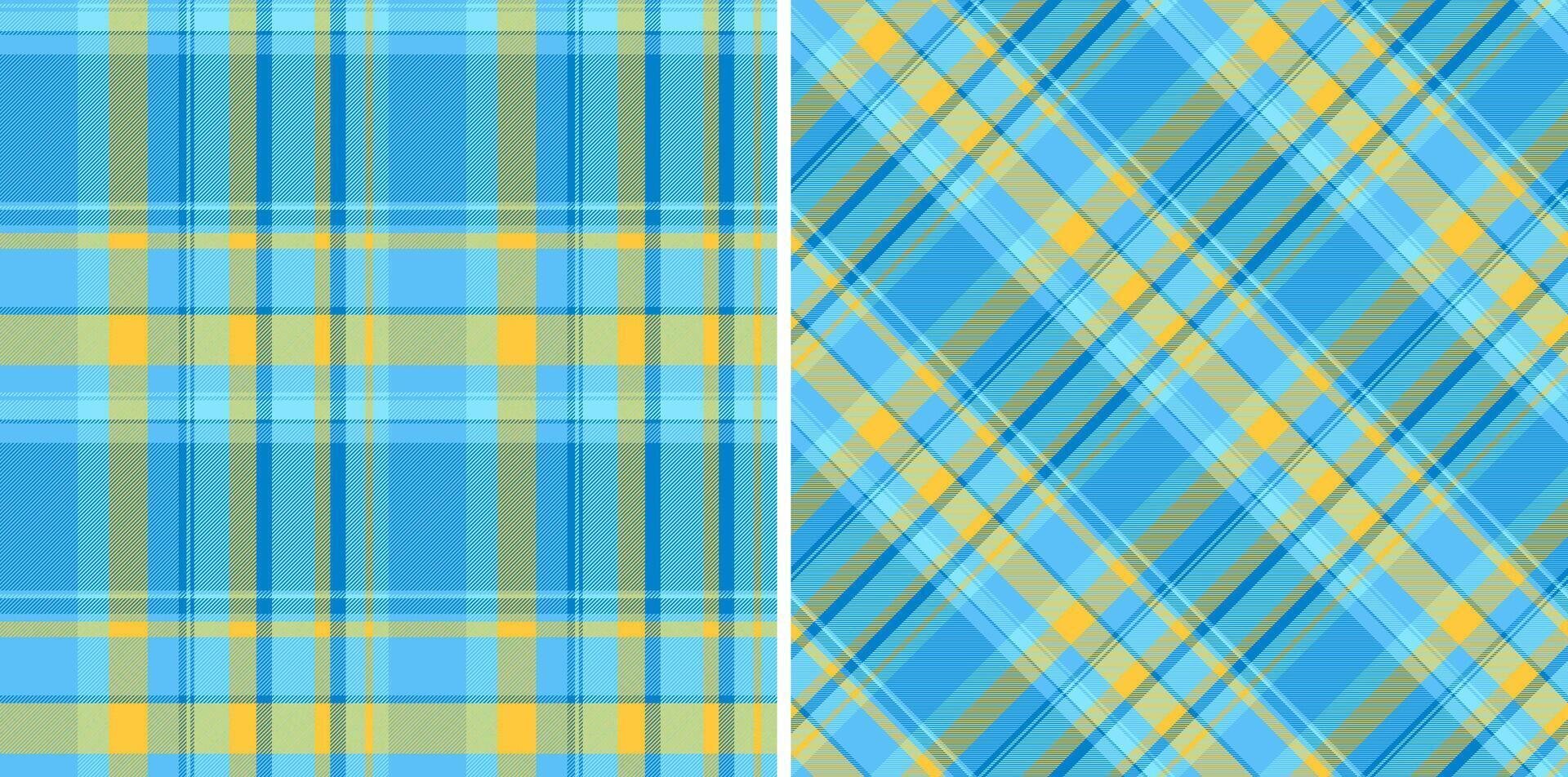 Vibrant blue yellow plaid patterns perfect for textile design, fashion, or web backgrounds. These cheerful, seamless textures offer both horizontal diagonal options, conveying freshness optimism. vector