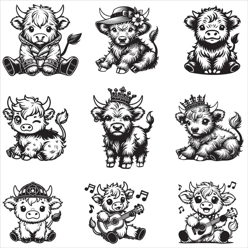 bundle of baby highland cow illustration, cute baby highland cattle design sublimation, cute cow clipart vector