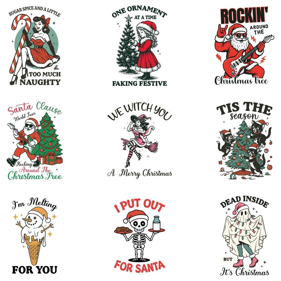 pack of Merry Christmas illustration, Christian Festival T-shirt Design , Xmas vintage Tee Shirt design vector