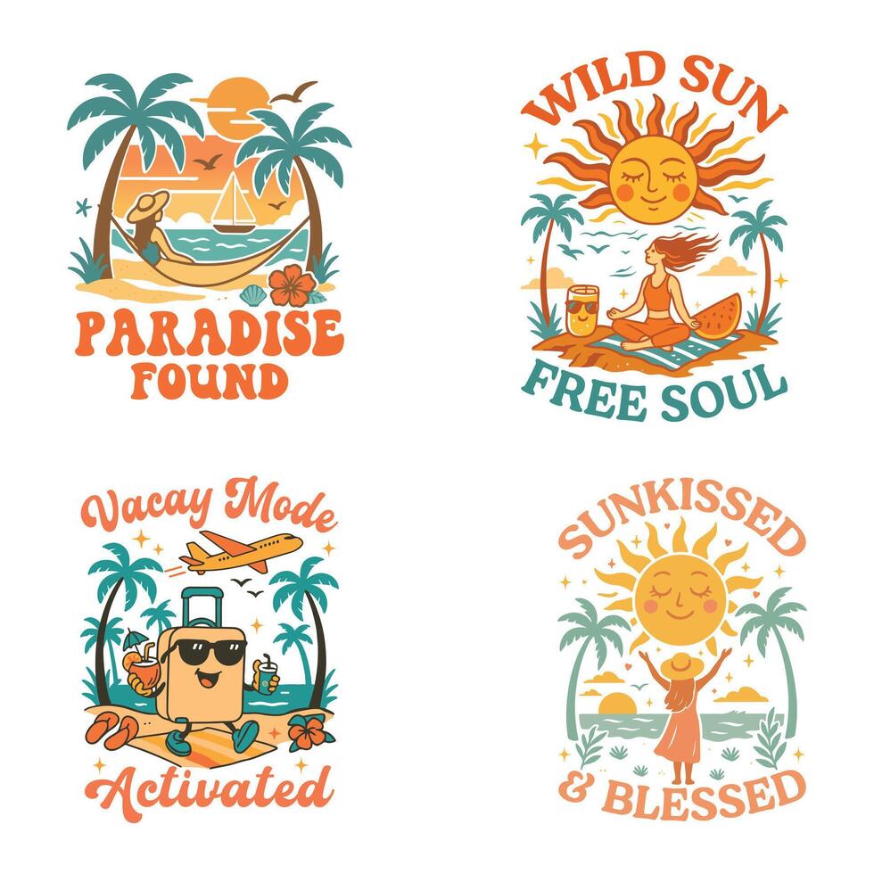 set of - Summer Tee Shirt Design Sublimation, Summer Vibes illustration, Summer Vacation Graphics vector