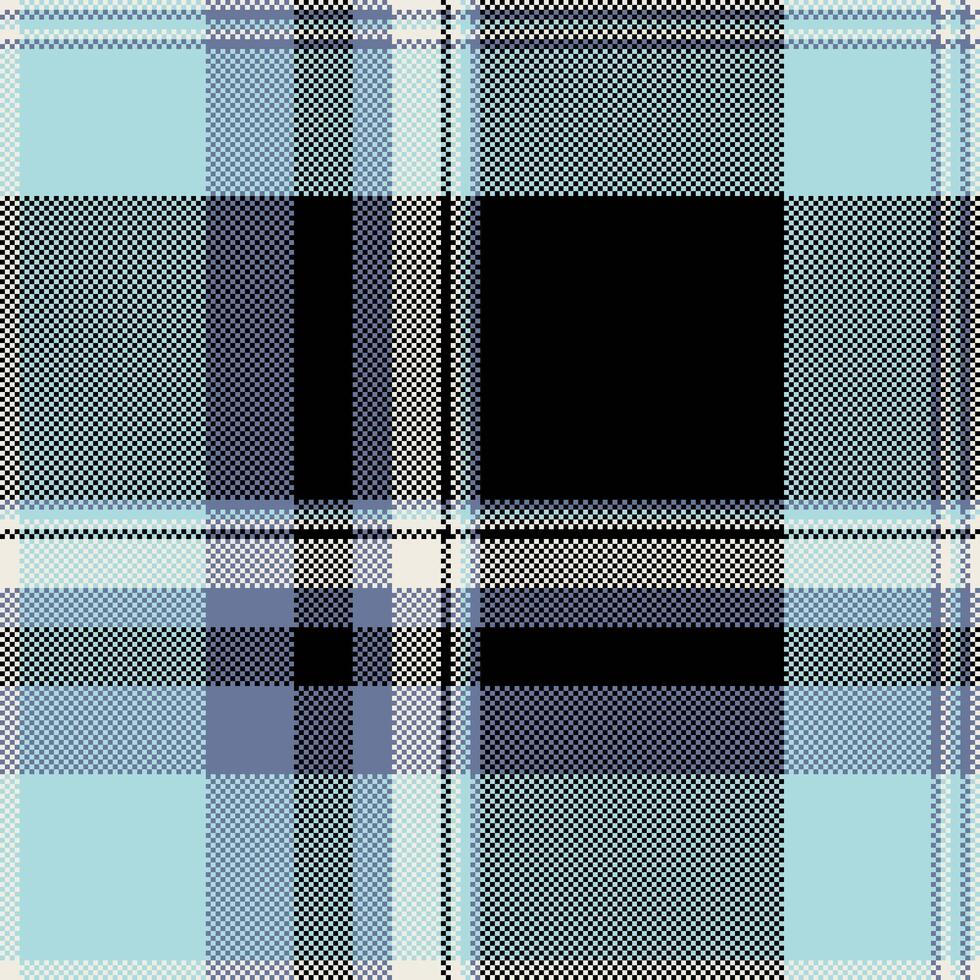 Pixelated plaid pattern. Textile design in soft blues, grays, and black. Ideal for backgrounds, digital art, retrothemed projects. Versatile visually appealing. vector