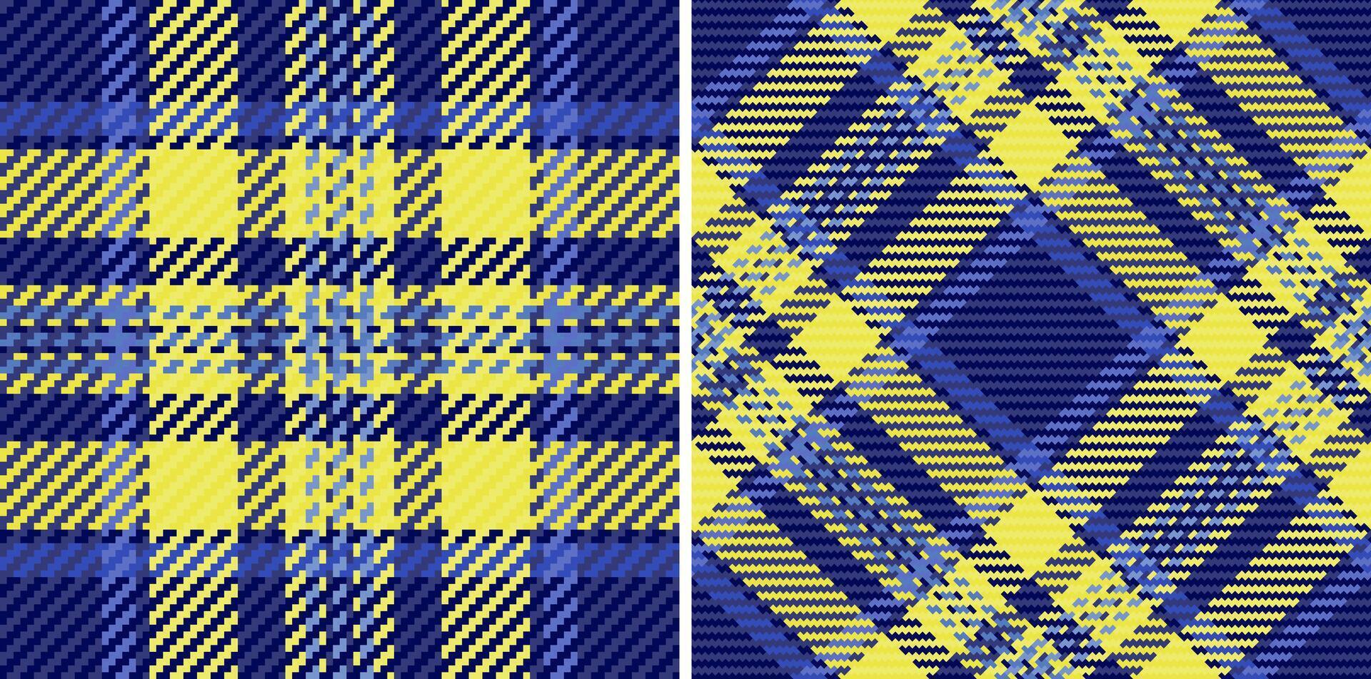 Vibrant yellow and navy plaid patterns, perfect for textile design, fashion, or web backgrounds. These seamless textures offer two distinct styles classic and diagonal checks. vector