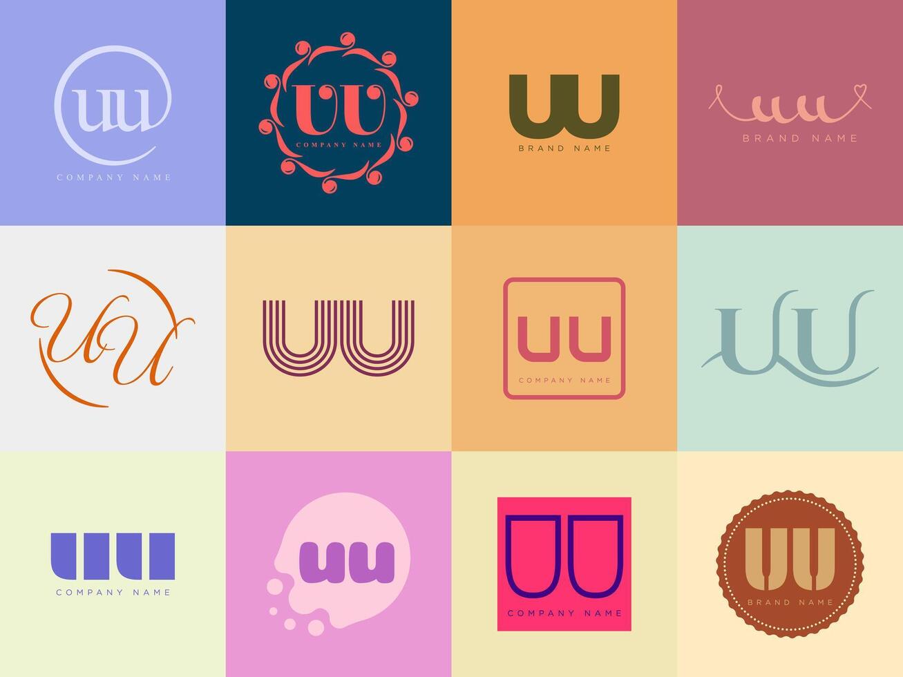 UU logo company . Letter u and u logotype. Set different classic serif lettering and modern bold text with design elements. Initial font typography. vector