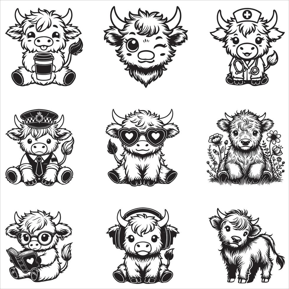 Adorable baby cow clipart fluffy highland calf drawing vector