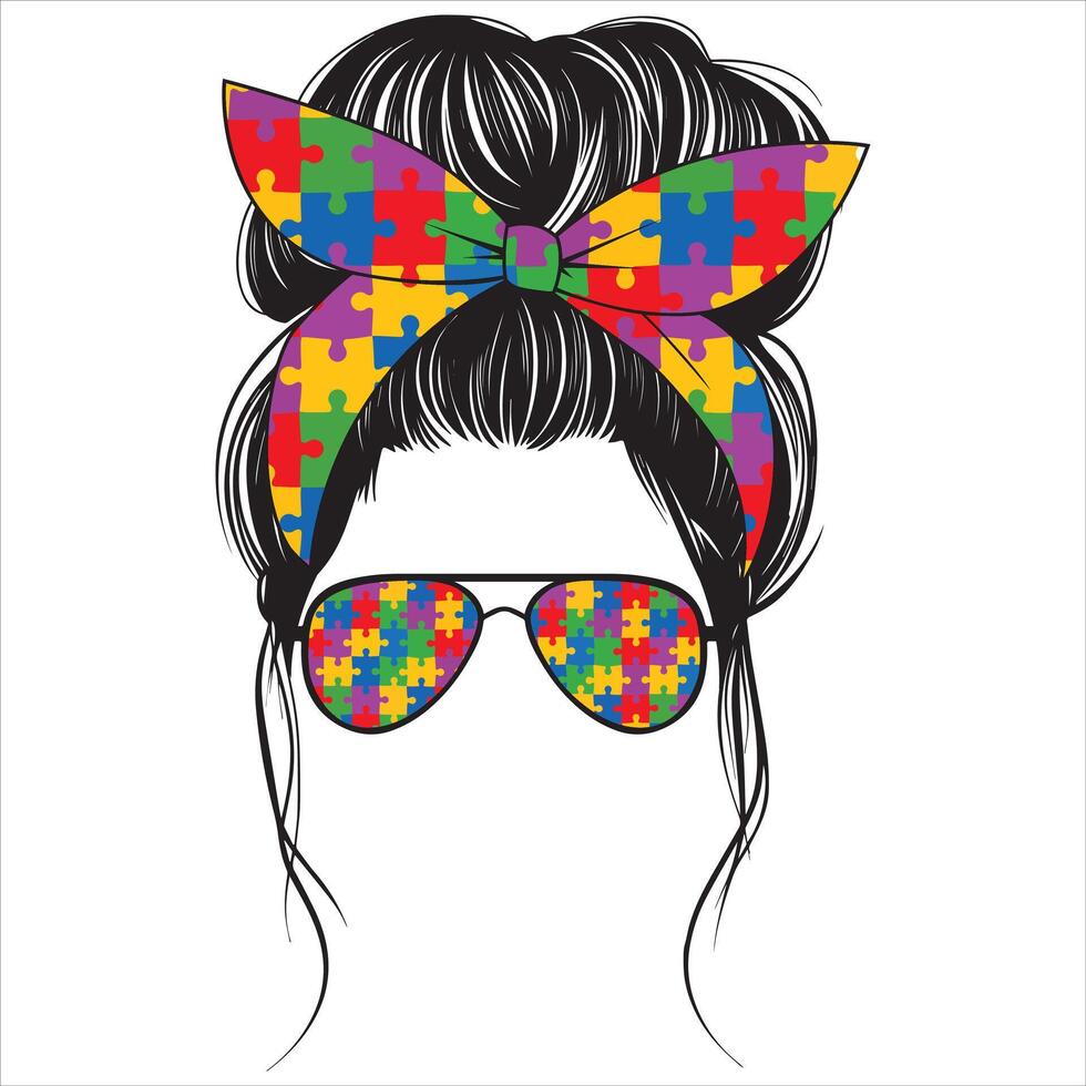 Colorful Puzzle Hairband Messy Bun Design for Women and Autism Mom Life Projects vector