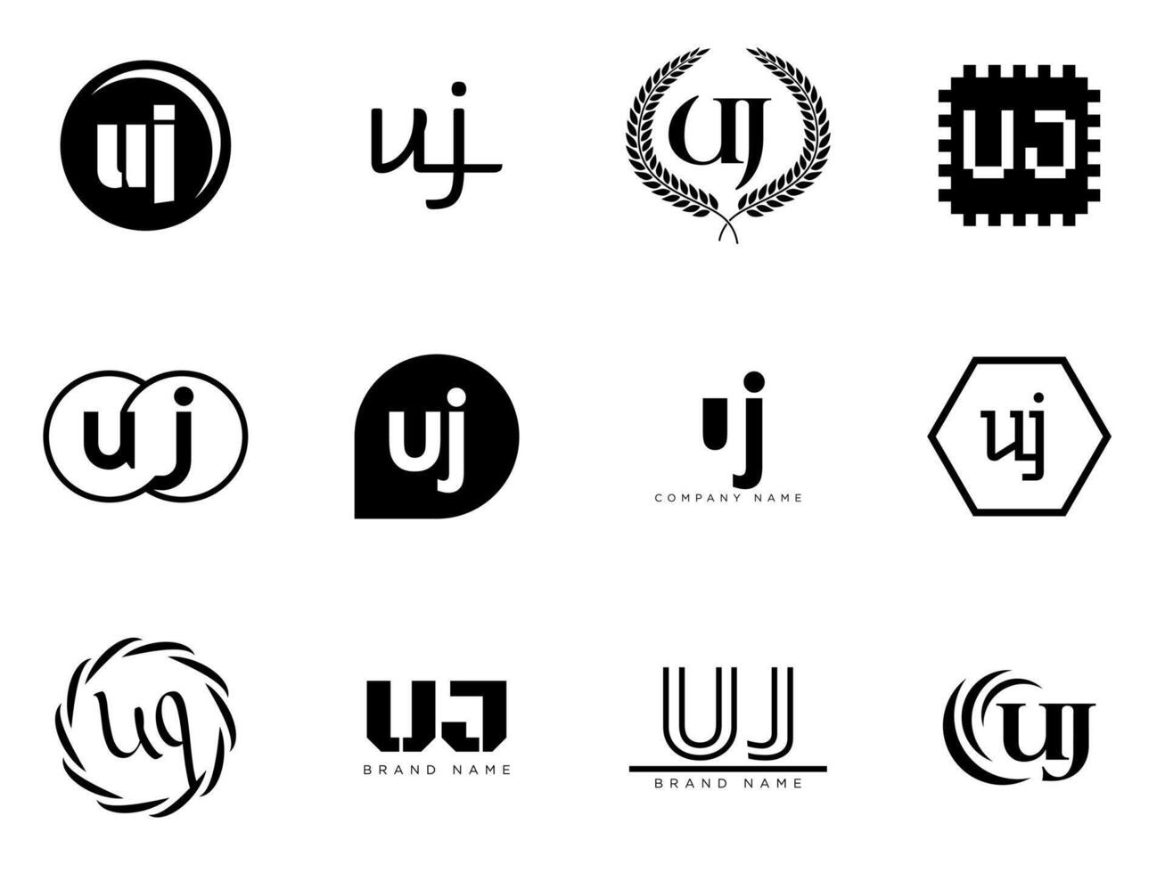 UJ logo template. Letter u and j logotype. Set different classic serif lettering and modern bold text with design elements. Initial font typography. vector