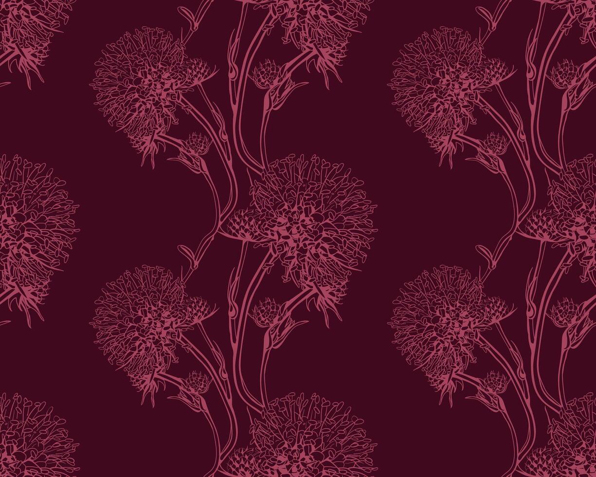 Elegant maroon floral seamless pattern. Intricate line art design featuring stylized flowers, perfect for textiles, wallpaper, or branding. Evokes a sense of sophistication and vintage charm. vector