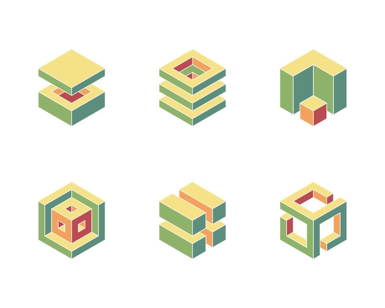 Six unique isometric cube designs in muted greens, yellows, and reds. Perfect for modern branding, technology, architecture, or design concepts. Illustrates structure, connection, and innovation. vector