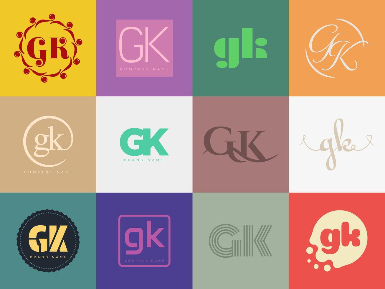 GK logo company template. Letter g and k logotype. Set different classic serif lettering and modern bold text with design elements. Initial font typography. vector