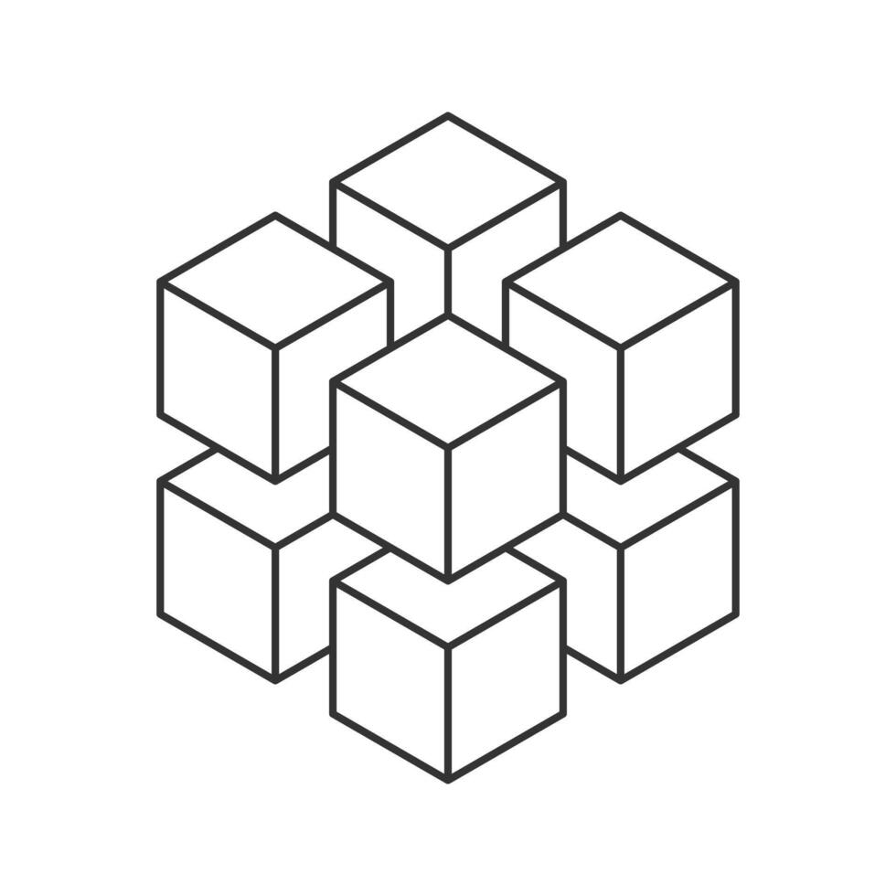 Abstract geometric design of interconnected cubes. Represents connection, structure, or data. Minimalist line art style, perfect for tech, engineering, or architecture concepts. vector