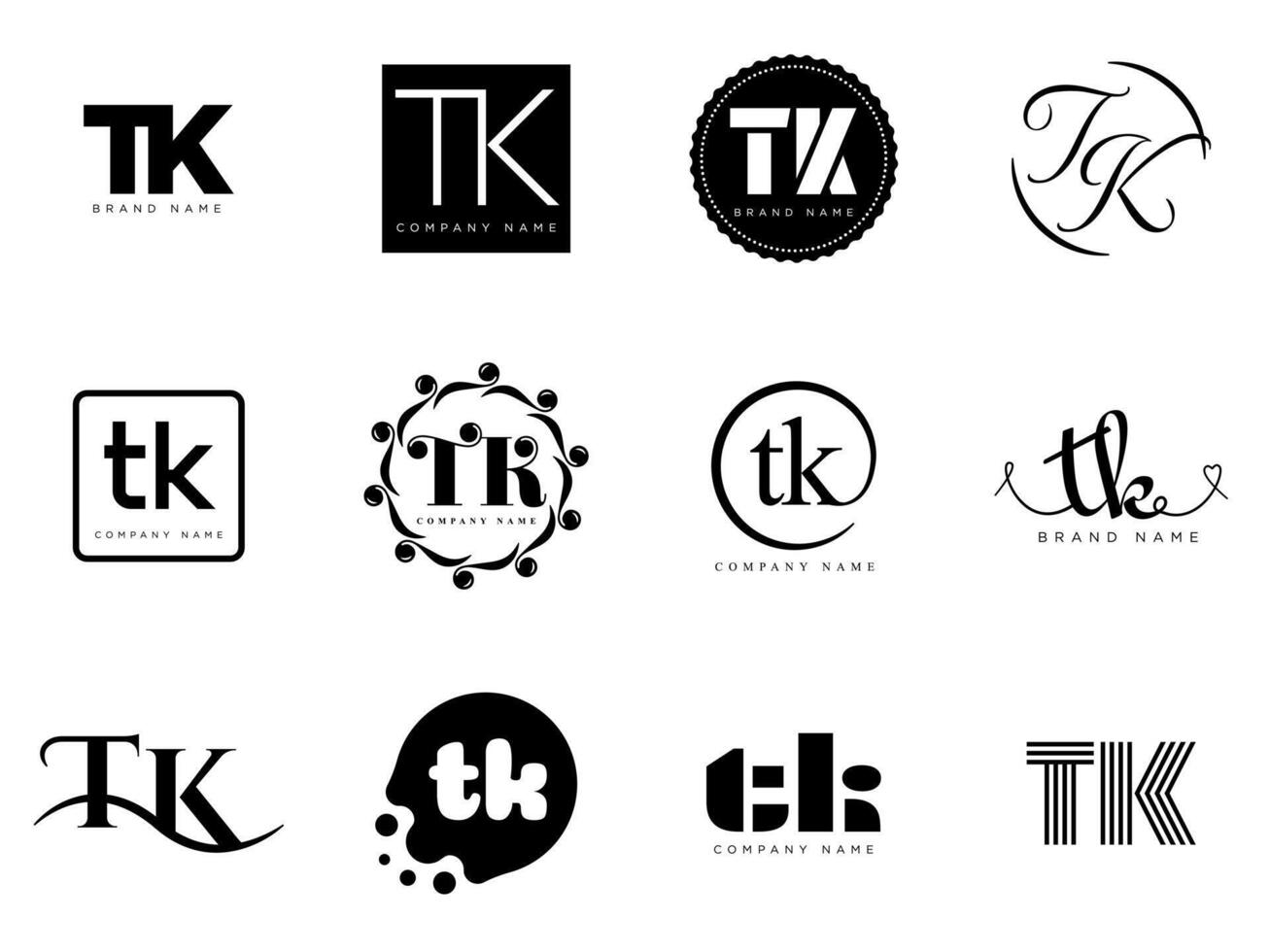 TK logo company template. Letter t and k logotype. Set different classic serif lettering and modern bold text with design elements. Initial font typography. vector